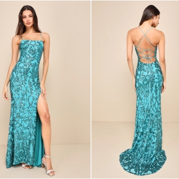 LULUS Prom Wedding Special Event Floral Sequins Lace Up Back Mermaid Gown •Small - Picture 1 of 3